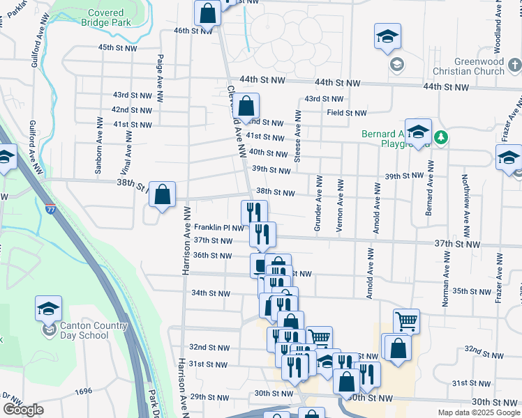 map of restaurants, bars, coffee shops, grocery stores, and more near 3760 Cleveland Avenue Northwest in Canton