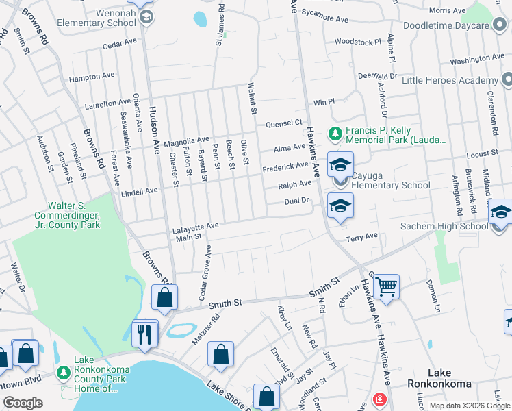 map of restaurants, bars, coffee shops, grocery stores, and more near 11 Olive Street in Lake Grove