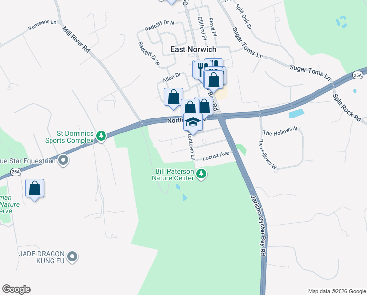 map of restaurants, bars, coffee shops, grocery stores, and more near 26 Walnut Avenue in East Norwich