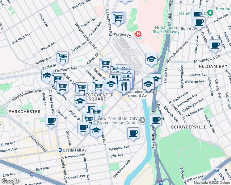 map of restaurants, bars, coffee shops, grocery stores, and more near 2566 Tratman Avenue in The Bronx