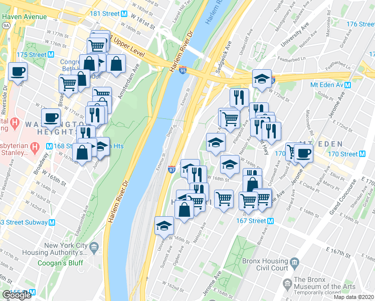 map of restaurants, bars, coffee shops, grocery stores, and more near 1278 Sedgwick Avenue in Bronx