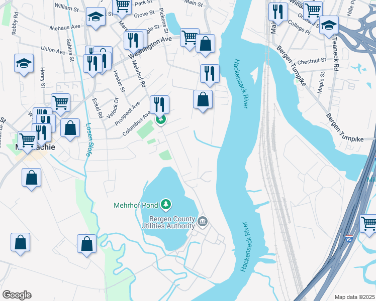 map of restaurants, bars, coffee shops, grocery stores, and more near 38 Maiden Lane in Little Ferry