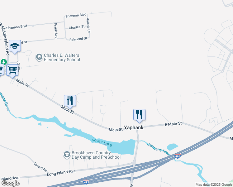 map of restaurants, bars, coffee shops, grocery stores, and more near 38 Bergers Court in Yaphank