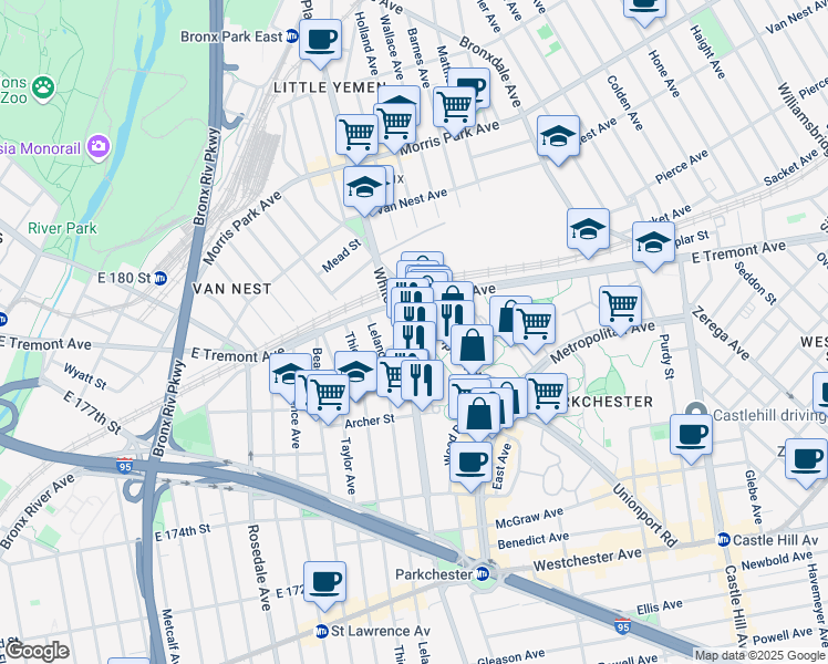 map of restaurants, bars, coffee shops, grocery stores, and more near 1572 White Plains Road in The Bronx