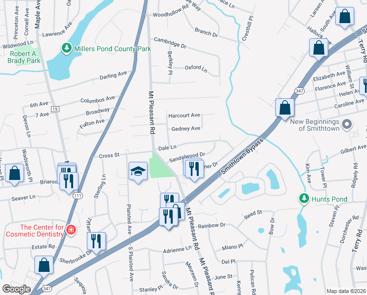 map of restaurants, bars, coffee shops, grocery stores, and more near 14 Dale Lane in Smithtown