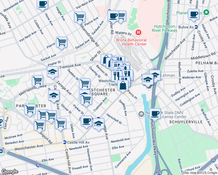 map of restaurants, bars, coffee shops, grocery stores, and more near 2550 Frisby Avenue in Bronx
