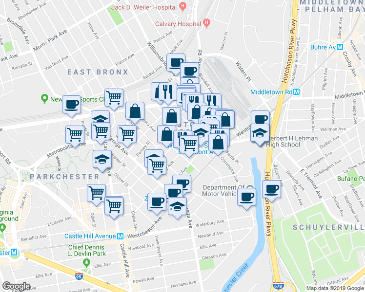 map of restaurants, bars, coffee shops, grocery stores, and more near in The Bronx