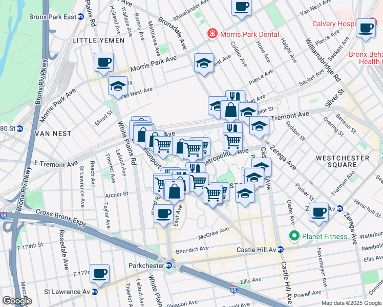 map of restaurants, bars, coffee shops, grocery stores, and more near 1563 Metropolitan Avenue in The Bronx