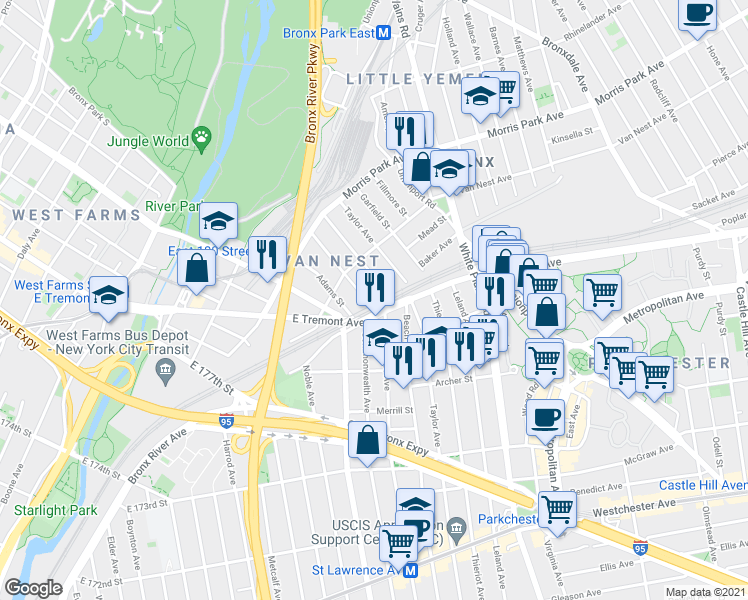 map of restaurants, bars, coffee shops, grocery stores, and more near 1608 Van Buren Street in Bronx