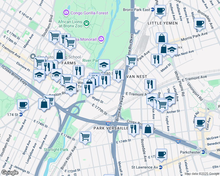 map of restaurants, bars, coffee shops, grocery stores, and more near 428 Bronx Park Avenue in The Bronx