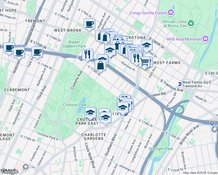 map of restaurants, bars, coffee shops, grocery stores, and more near in The Bronx