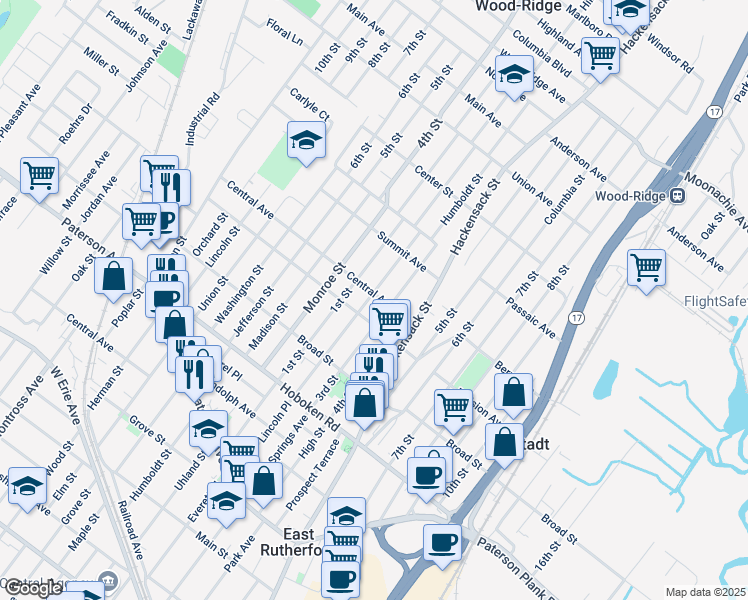 map of restaurants, bars, coffee shops, grocery stores, and more near 476 Central Avenue in Carlstadt