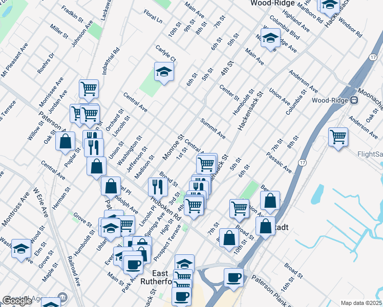 map of restaurants, bars, coffee shops, grocery stores, and more near 476 Central Avenue in Carlstadt