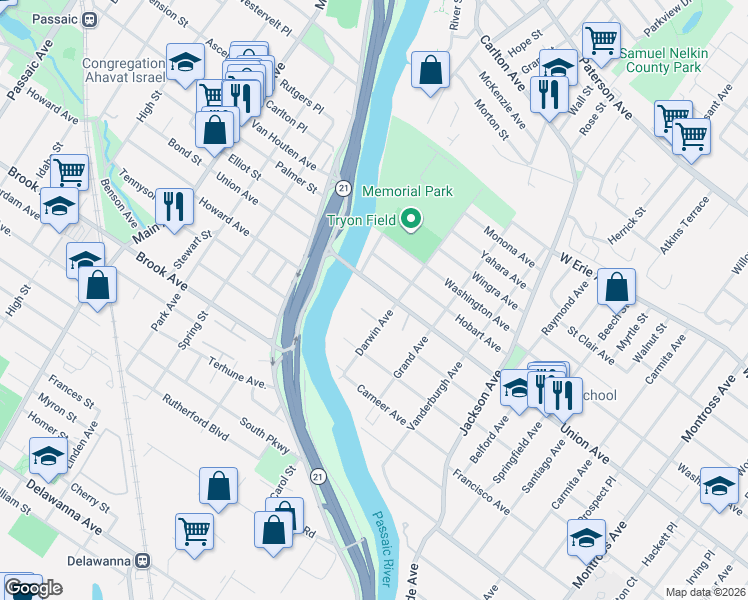 map of restaurants, bars, coffee shops, grocery stores, and more near 505 Union Avenue in Rutherford