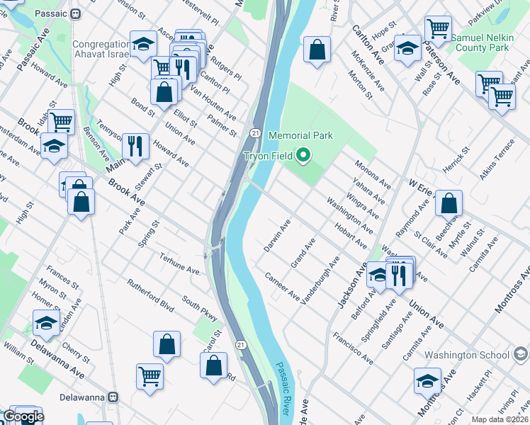 map of restaurants, bars, coffee shops, grocery stores, and more near 84 Clark Court in Rutherford