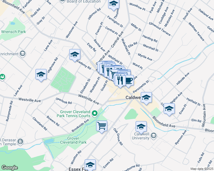 map of restaurants, bars, coffee shops, grocery stores, and more near 382 Bloomfield Avenue in Caldwell