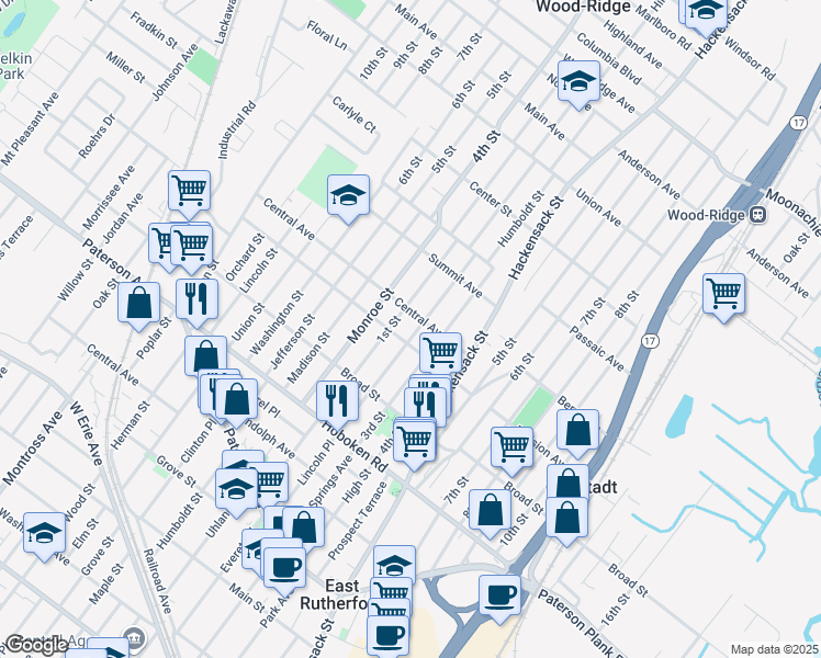 map of restaurants, bars, coffee shops, grocery stores, and more near 476 Central Avenue in Carlstadt