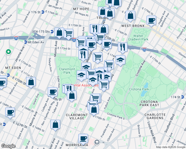 map of restaurants, bars, coffee shops, grocery stores, and more near 3890 Park Avenue in The Bronx