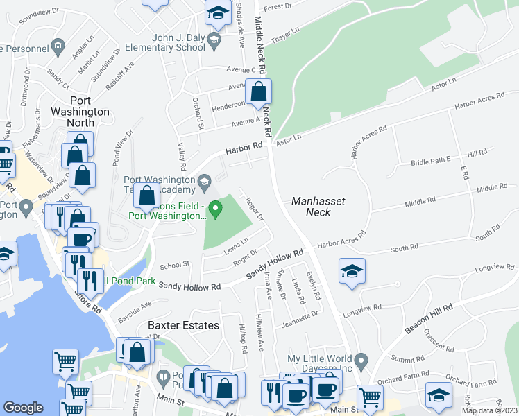 map of restaurants, bars, coffee shops, grocery stores, and more near 66 Roger Drive in Port Washington