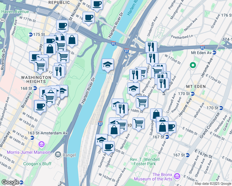 map of restaurants, bars, coffee shops, grocery stores, and more near 1278 Sedgwick Avenue in The Bronx