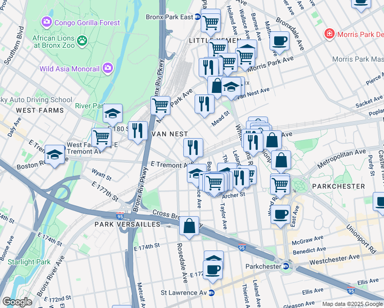 map of restaurants, bars, coffee shops, grocery stores, and more near 1608 Van Buren Street in Bronx