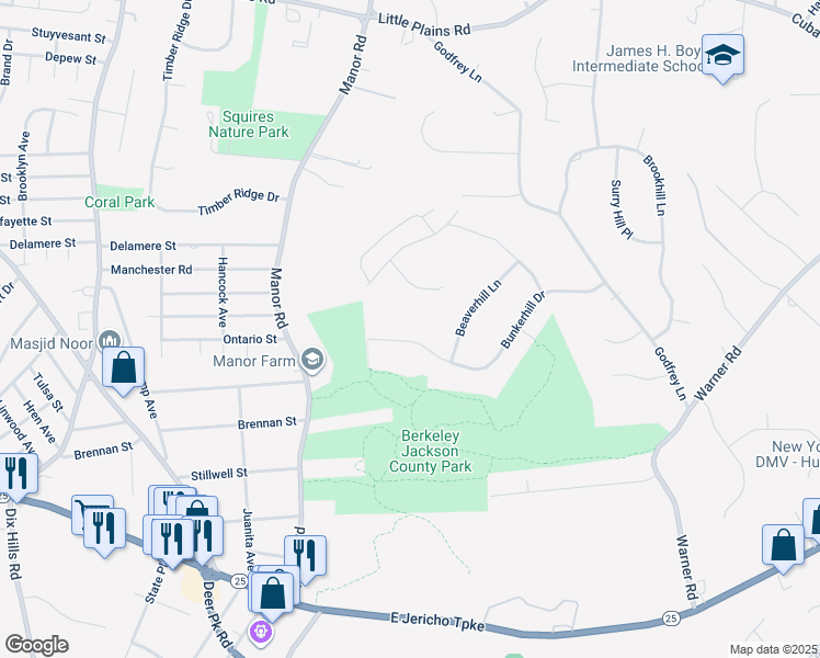 map of restaurants, bars, coffee shops, grocery stores, and more near 43 Bunkerhill Drive in Huntington