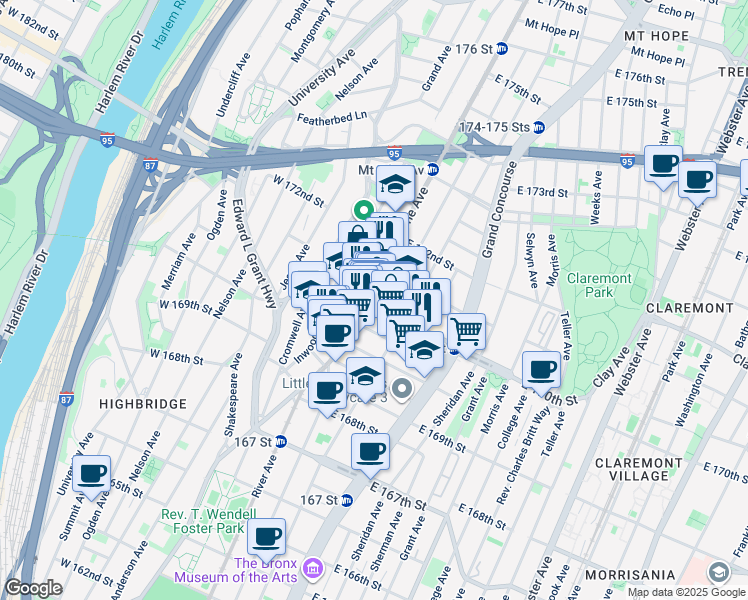 map of restaurants, bars, coffee shops, grocery stores, and more near 39 East 170th Street in The Bronx