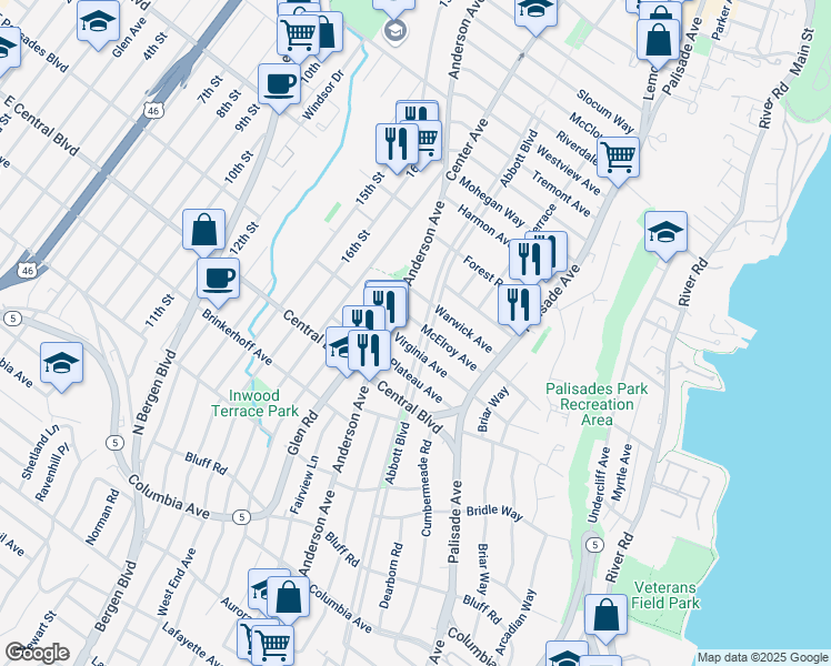 map of restaurants, bars, coffee shops, grocery stores, and more near 270 McElroy Avenue in Fort Lee