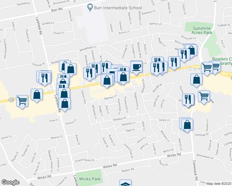 map of restaurants, bars, coffee shops, grocery stores, and more near 18 Spinner Lane in Commack