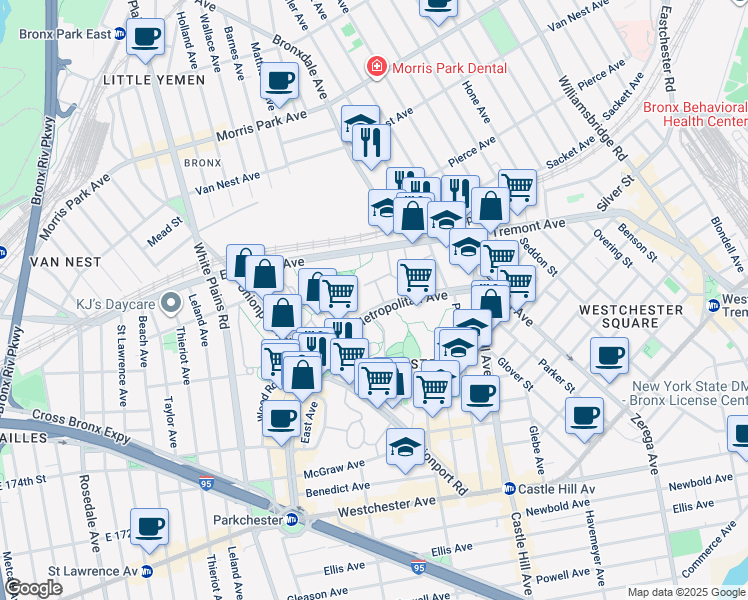 map of restaurants, bars, coffee shops, grocery stores, and more near 1591 Metropolitan Avenue in The Bronx