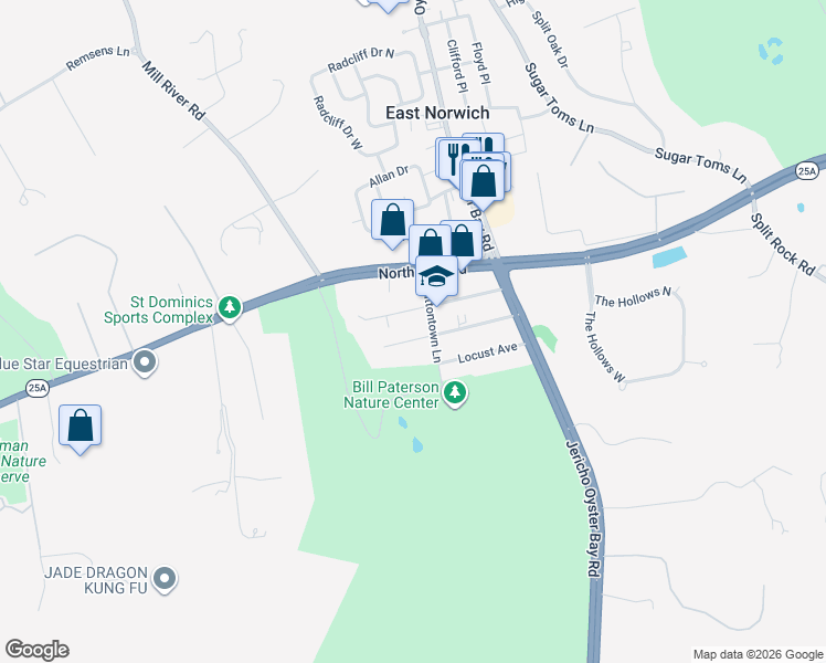 map of restaurants, bars, coffee shops, grocery stores, and more near 26 Walnut Avenue in East Norwich