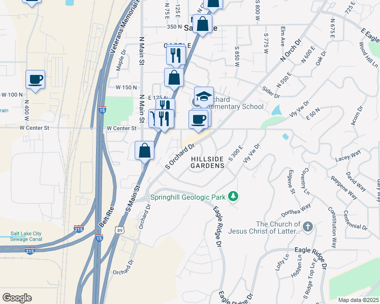 map of restaurants, bars, coffee shops, grocery stores, and more near 75 South Orchard Drive in North Salt Lake