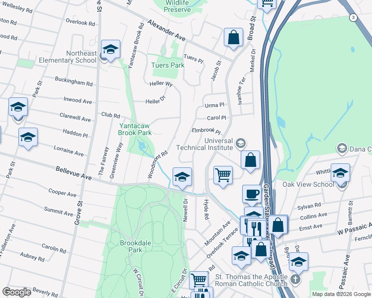 map of restaurants, bars, coffee shops, grocery stores, and more near 53 Golf Road in Bloomfield