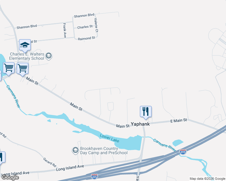 map of restaurants, bars, coffee shops, grocery stores, and more near 29 Bergers Court in Yaphank