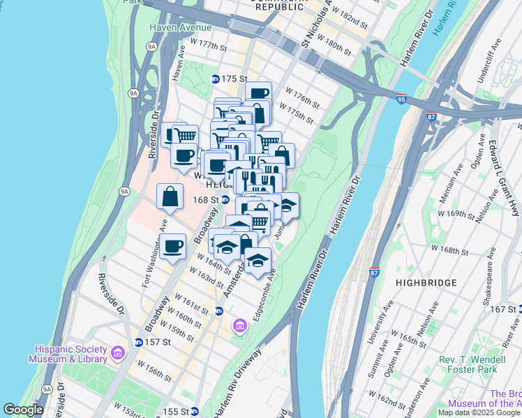 map of restaurants, bars, coffee shops, grocery stores, and more near in New York