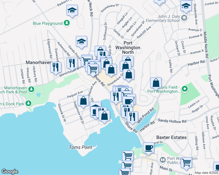 map of restaurants, bars, coffee shops, grocery stores, and more near 5 Channel Drive in Port Washington