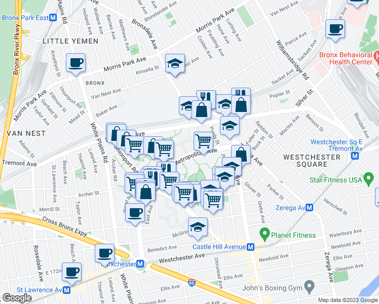 map of restaurants, bars, coffee shops, grocery stores, and more near 1605 Metropolitan Avenue in Bronx