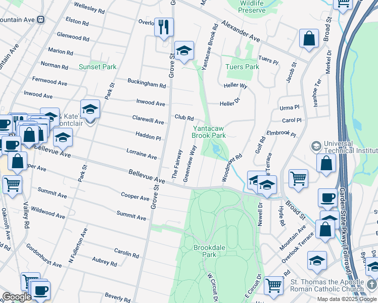 map of restaurants, bars, coffee shops, grocery stores, and more near 20 Greenview Way in Montclair
