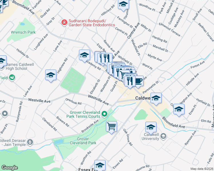 map of restaurants, bars, coffee shops, grocery stores, and more near 11 Gould Place in Caldwell