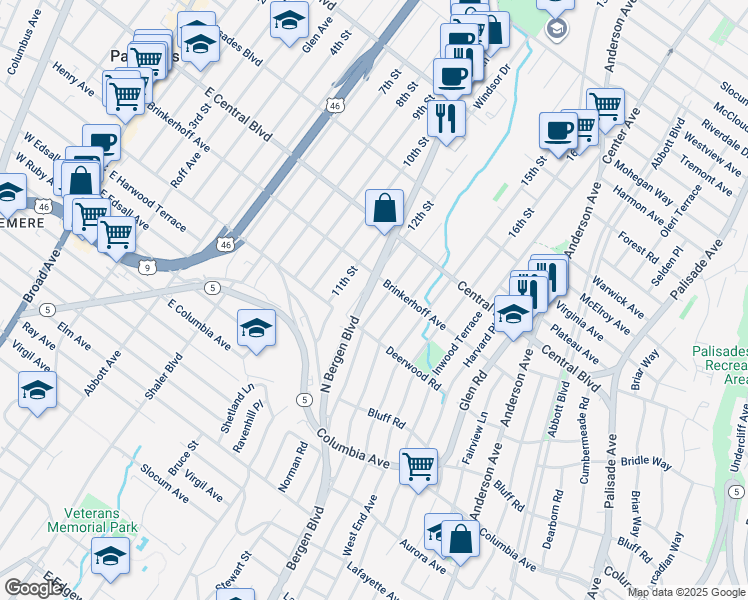 map of restaurants, bars, coffee shops, grocery stores, and more near 221 12th Street in Palisades Park