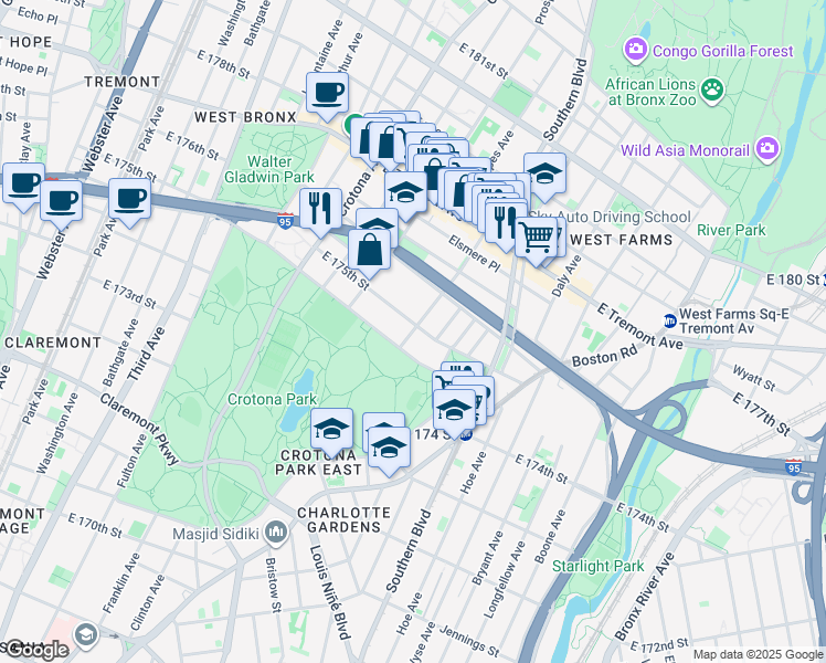 map of restaurants, bars, coffee shops, grocery stores, and more near 1801 Marmion Avenue in Bronx