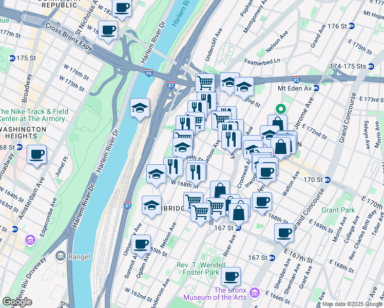 map of restaurants, bars, coffee shops, grocery stores, and more near in The Bronx