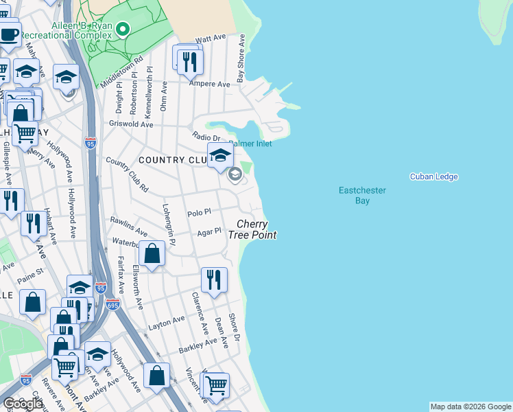 map of restaurants, bars, coffee shops, grocery stores, and more near 3391-10 Country Club Road in Bronx