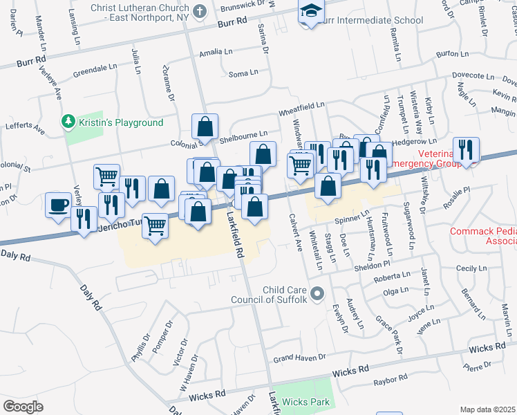 map of restaurants, bars, coffee shops, grocery stores, and more near 5052-5062 Jericho Turnpike in Commack