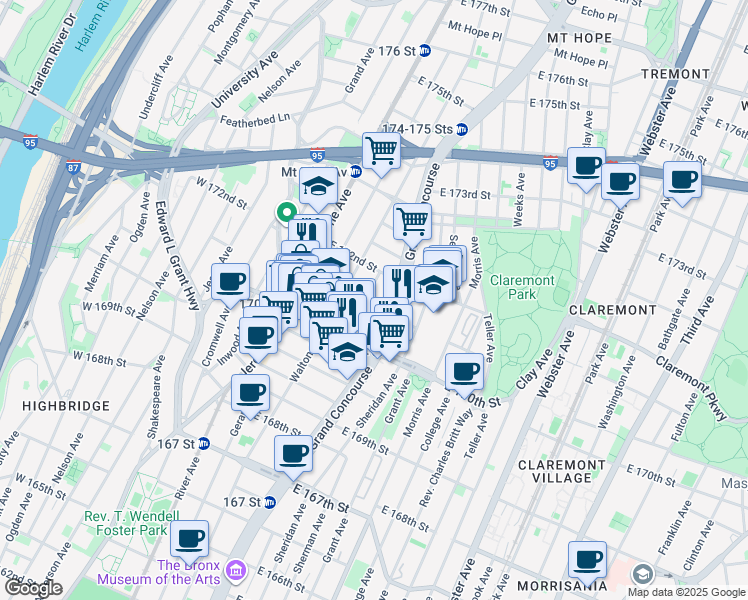 map of restaurants, bars, coffee shops, grocery stores, and more near 1485 Wythe Place in Bronx