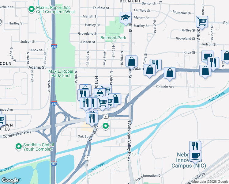 map of restaurants, bars, coffee shops, grocery stores, and more near 1220 Garber Avenue in Lincoln
