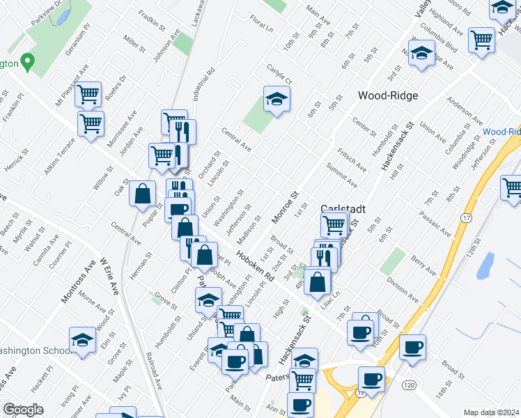 map of restaurants, bars, coffee shops, grocery stores, and more near 418 Madison Street in Carlstadt