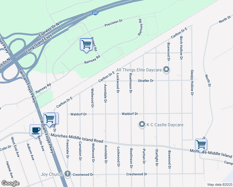 map of restaurants, bars, coffee shops, grocery stores, and more near 505 Lockwood Drive in Shirley