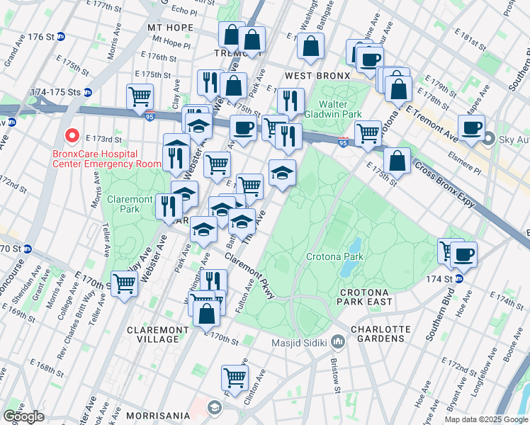 map of restaurants, bars, coffee shops, grocery stores, and more near 3966 3rd Avenue in The Bronx