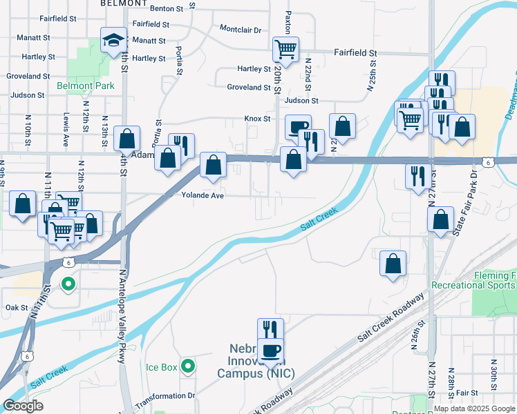 map of restaurants, bars, coffee shops, grocery stores, and more near 1935 Yolande Avenue in Lincoln